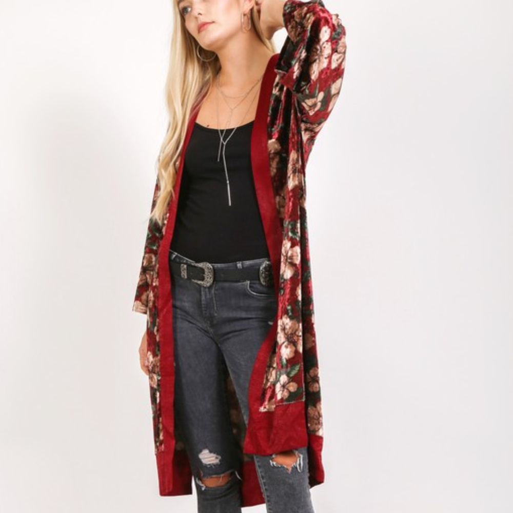 WINE VELVET FLORAL KIMONO - Picture 2 of 4